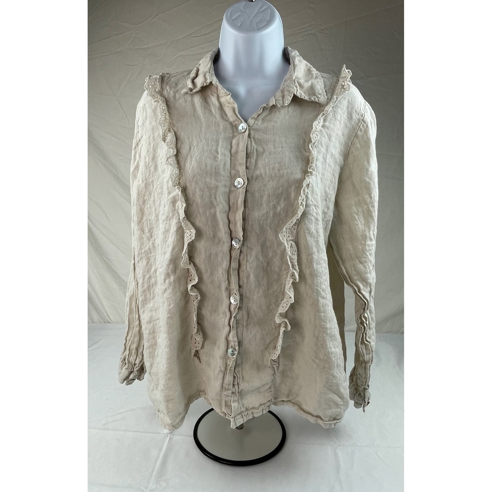 Linen Ruffle Eyelet Lace Button Down Shirt Beige Long Sleeve Pintuck Top